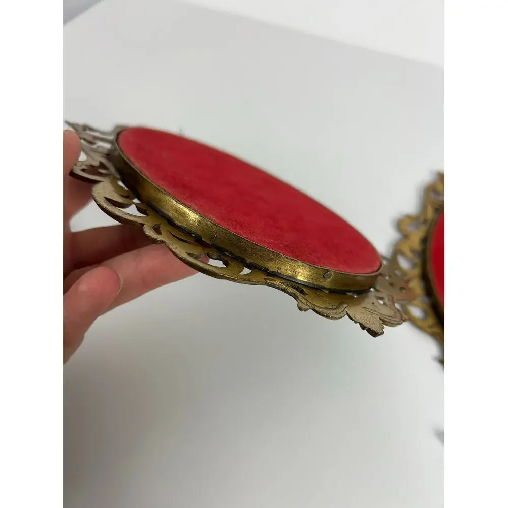 Vintage Ornate Brass Oval Frame Floral Art Made in Italy Set of 2 Convex Glass